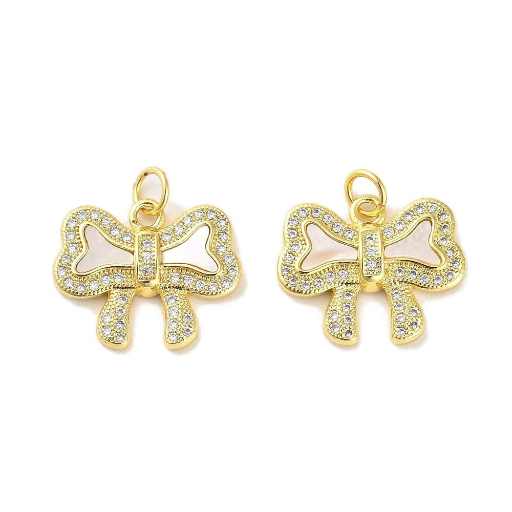 6118 5 pcs Golden Color Bow Tie Theme Brass Shell Cubic Zirconia Charms